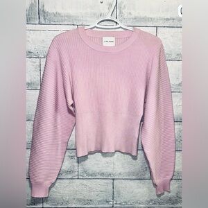 Pink Rose Sweater Crew Neck Ribbed Knit Cropped Balloon Sleeve Soft Pink XS